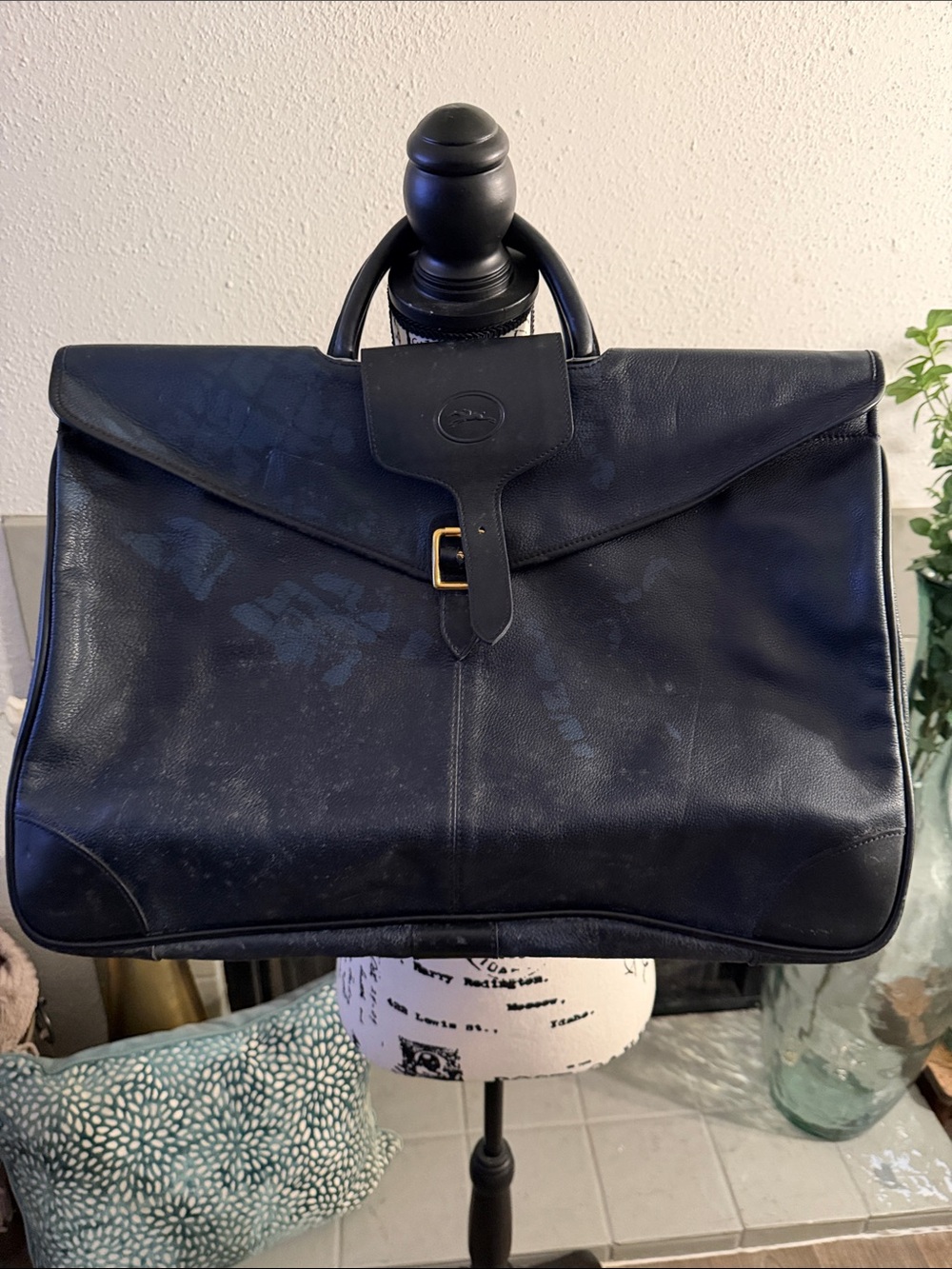 Vintage- Longchamp Navy Blue Leather Men's Briefcase with Top Handle